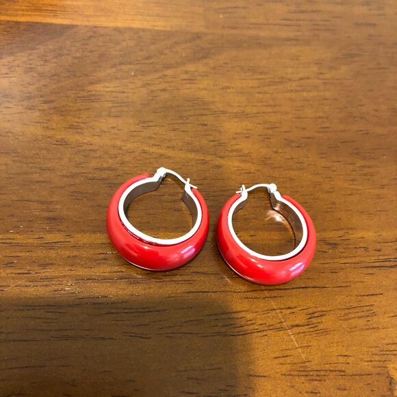 Cute Red Silver Tone Hoop Earrings. - Picture 7 of 10